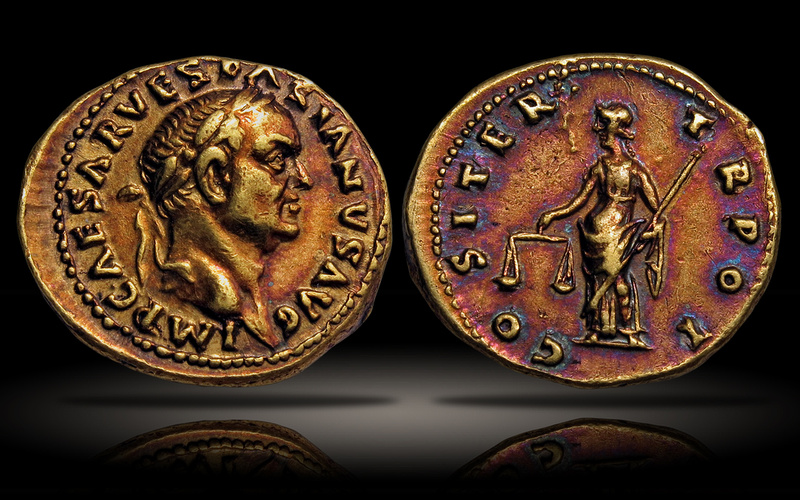 The Vespasian Aureus a rare example of gold coin toning